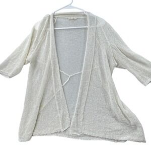 Eileen Fisher Cardigan Women L Ivory FLAW Open Front Mesh Knit Linen Blend